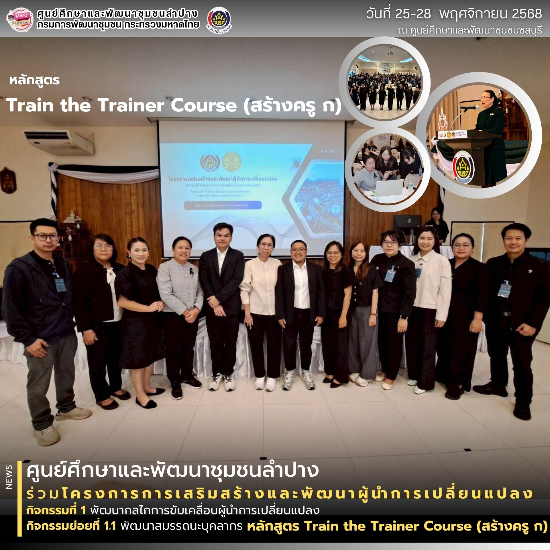 🚗 ศพช.ลำปาง เข้าร่วมฝึกอบรมโครงการเสริมสร้างและพัฒนาผู้นำการเปลี่ยนแปลง ประจำปีงบประมาณ พ.ศ.2569 กิจกรรมที่ 1 พัฒนากลไกการขับเคลื่อนผู้นำการเปลี่ยนแปลง กิจกรรมย่อยที่ 1.1 พัฒนาสมรรถนะบุคลากรหลักสูตร Train the Trainer Course (สร้างครู ก)