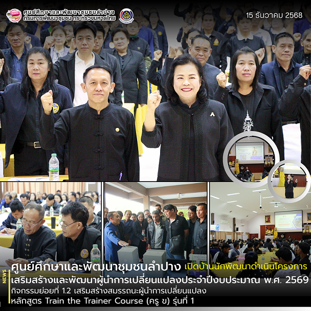 ศพช.ลำปาง เปิดบ้านนักพัฒนา ดำเนินโครงการเสริมสร้างและพัฒนาผู้นำการเปลี่ยนแปลง กิจกรรมย่อยที่ 1.2 เสริมสร้างสมรรถนะผู้นำการเปลี่ยนแปลง หลักสูตร Train the Trainer Course (ครู ข)