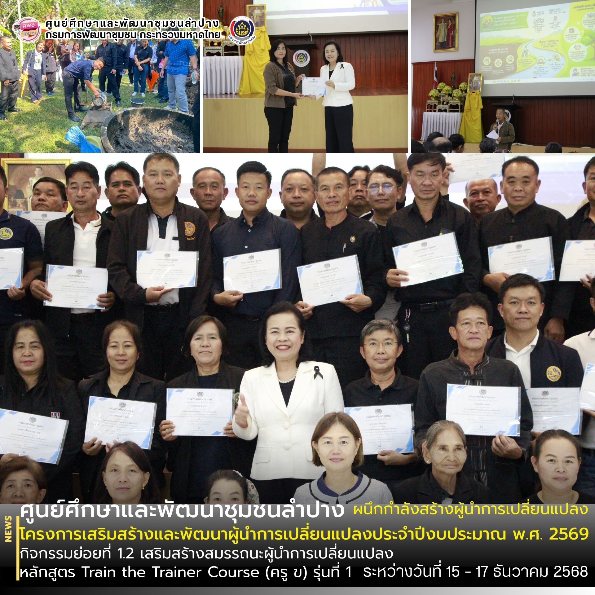 📚 ศพช.ลำปาง ผนึกกำลังสร้างผู้นำการเปลี่ยนแปลง โครงการเสริมสร้างและพัฒนาผู้นำการเปลี่ยนแปลง กิจกรรมย่อยที่ 1.2 เสริมสร้างสมรรถนะผู้นำการเปลี่ยนแปลง หลักสูตร Train the Trainer Course (ครู ข) รุ่นที่ 1