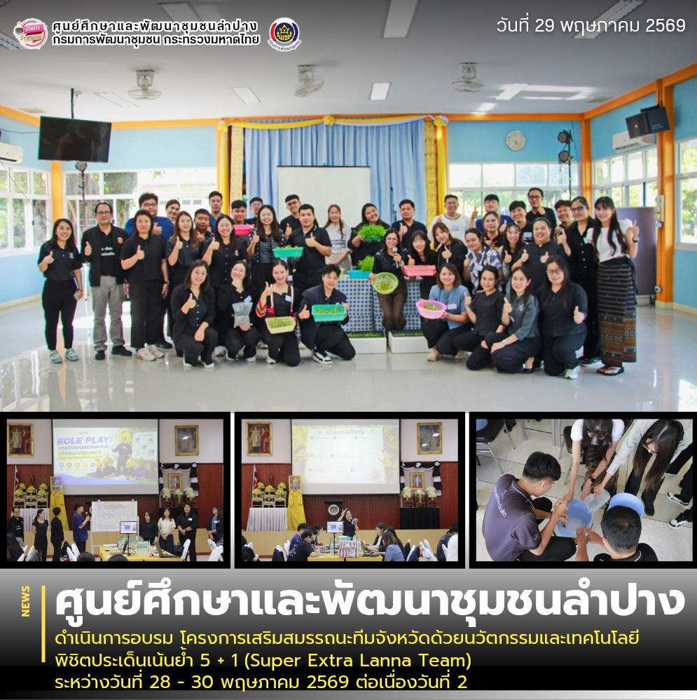ศพช.ลำปาง ดำเนินการอบรม โครงการเสริมสมรรถนะทีมจังหวัดด้วยนวัตกรรมและเทคโนโลยี พิชิตประเด็นเน้นย้ำ 5 + 1 (Super Extra Lanna Team) ระหว่างวันที่ 28 - 30 พฤษภาคม 2569 ต่อเนื่องวันที่ 2