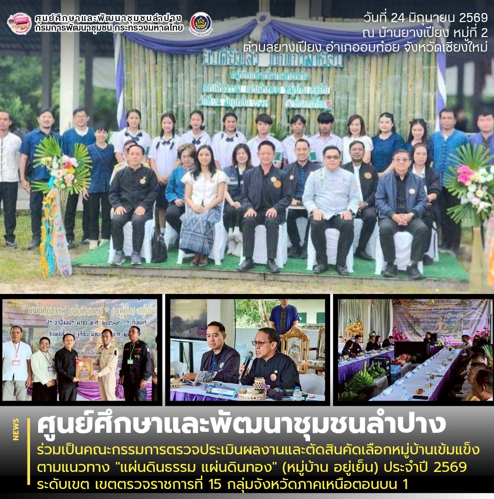 ศพช.ลำปาง ร่วมเป็นคณะกรรมการตรวจประเมินผลงานและตัดสินคัดเลือกหมู่บ้านเข้มแข็ง ตามแนวทาง "แผ่นดินธรรม แผ่นดินทอง" (หมู่บ้าน อยู่เย็น) ประจำปี 2569 ระดับเขต เขตตรวจราชการที่ 15 กลุ่มจังหวัดภาคเหนือตอนบน 1