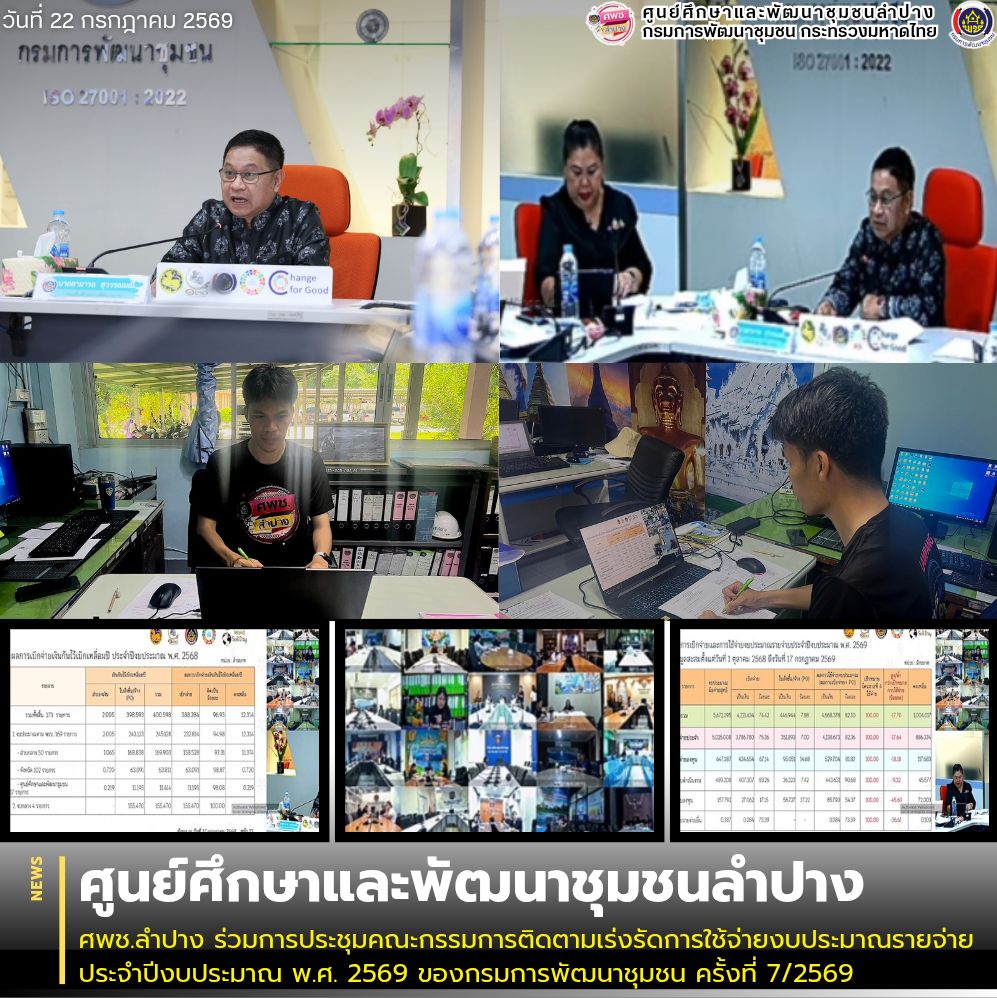 ศพช.ลำปาง ร่วมการประชุมคณะกรรมการติดตามเร่งรัดการใช้จ่ายงบประมาณรายจ่าย ประจำปีงบประมาณ พ.ศ. 2569 ของกรมการพัฒนาชุมชน ครั้งที่ 7/2569