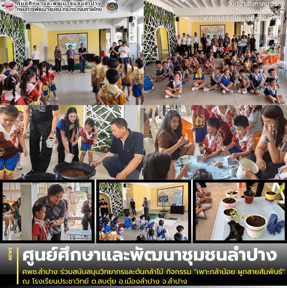 ศพช.ลำปาง ร่วมสนับสนุนวิทยากรและต้นกล้าไม้ กิจกรรม "เพาะกล้าน้อย ผูกสายสัมพันธ์" ณ โรงเรียนประชาวิทย์ ต.สบตุ๋ย อ.เมืองลำปาง จ.ลำปาง
