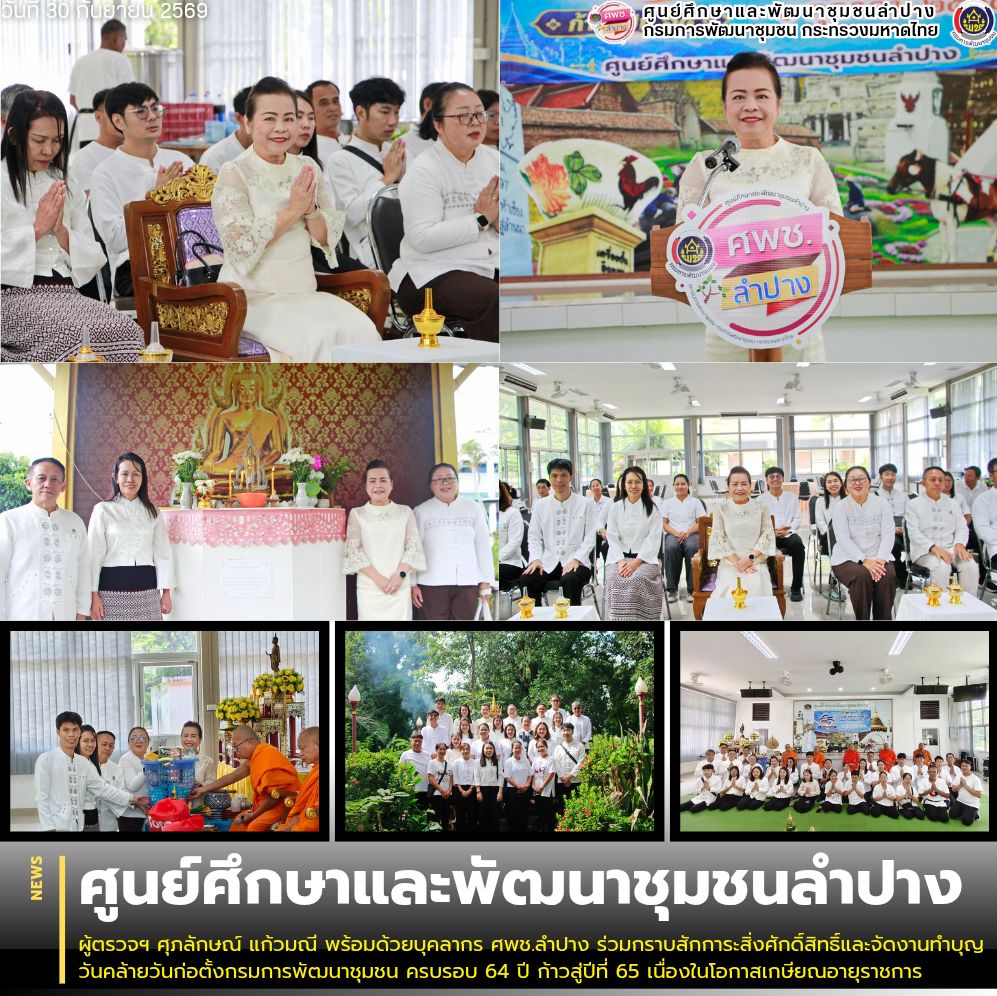 ผู้ตรวจฯ ศุภลักษณ์ แก้วมณี พร้อมด้วยบุคลากร ศพช.ลำปาง ร่วมกราบสักการะสิ่งศักดิ์สิทธิ์และจัดงานทำบุญวันคล้ายวันก่อตั้งกรมการพัฒนาชุมชน ครบรอบ 64 ปี ก้าวสู่ปีที่ 65