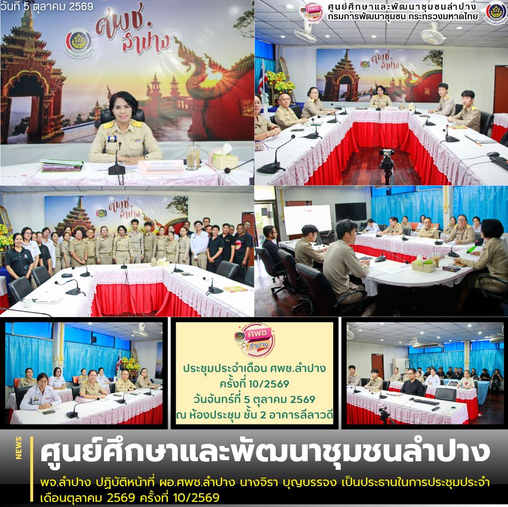 พจ.ลำปาง ปฏิบัติหน้าที่ ผอ.ศพช.ลำปาง นางจิรา บุญบรรจง เป็นประธานในการประชุมประจำเดือนตุลาคม 2569 ครั้งที่ 10/2569