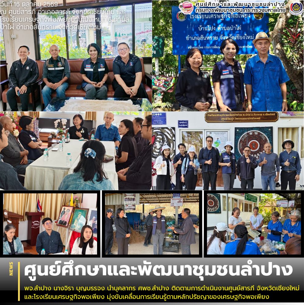 พจ.ลำปาง นางจิรา บุญบรรจง นำบุคลากร ศพช.ลำปาง ติดตามการดำเนินงานศูนย์สารภี จังหวัดเชียงใหม่ และโรงเรียนเศรษฐกิจพอเพียง มุ่งขับเคลื่อนการเรียนรู้ตามหลักปรัชญาของเศรษฐกิจพอเพียง