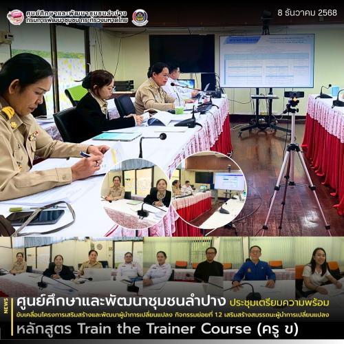ศพช.ลำปาง ประชุมเตรียมความพร้อมการขับเคลื่อนโครงการเสริมสร้างและพัฒนาผู้นำการเปลี่ยนแปลงกิจกรรมย่อยที่ 1.2 เสริมสร้างสมรรถนะผู้นำการเปลี่ยนแปลง หลักสูตร Train the Trainer Course (ครู ข)